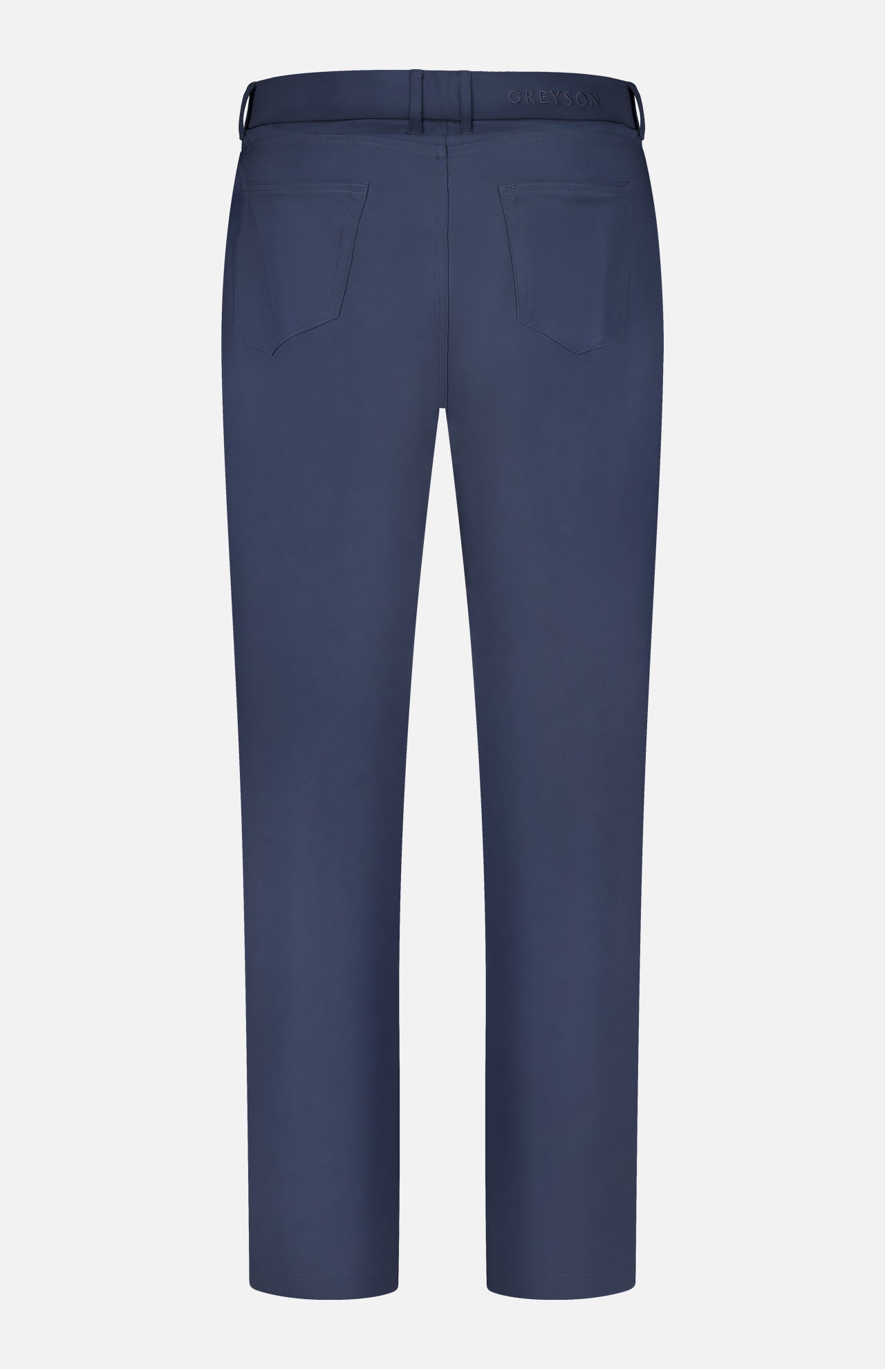 Back view of the GREYSON Montauk 5 Pocket Pant in dark blue, crafted from premium Italian fabric, featuring two back pockets, belt loops, and straight legs, displayed against a white background.