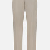The Montauk 5 Pocket Pant by GREYSON is crafted from premium Italian fabric with eight-way stretch in a beige, straight-leg silhouette. This pant features a button and zipper closure, front and back pockets, and is shown against a white background.