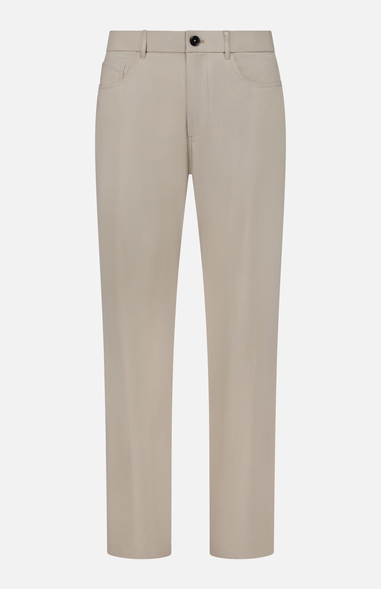The Montauk 5 Pocket Pant by GREYSON is crafted from premium Italian fabric with eight-way stretch in a beige, straight-leg silhouette. This pant features a button and zipper closure, front and back pockets, and is shown against a white background.