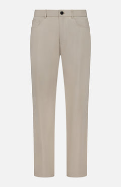 The Montauk 5 Pocket Pant by GREYSON is crafted from premium Italian fabric with eight-way stretch in a beige, straight-leg silhouette. This pant features a button and zipper closure, front and back pockets, and is shown against a white background.