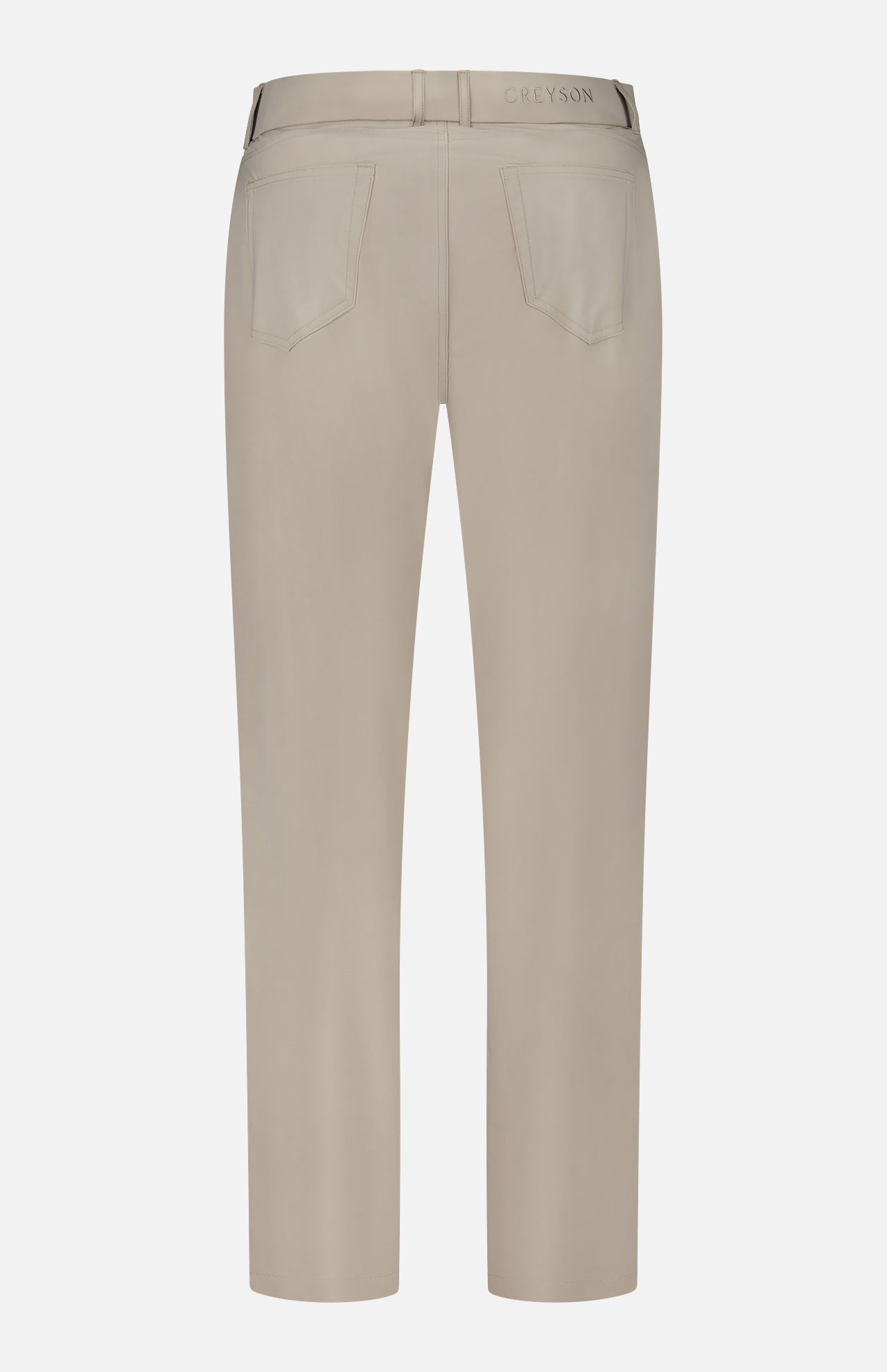 Back view of the GREYSON Montauk 5 Pocket Pant in beige, featuring two back pockets, belt loops, and ‘GREYSON’ printed on the waistband; expertly crafted from premium Italian fabric with exceptional comfort and eight-way stretch.