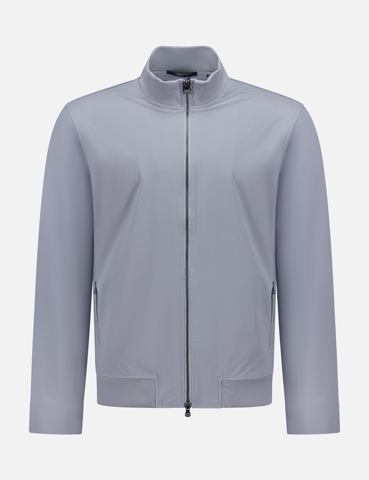 The GREYSON Montauk Bomber Jacket in slate features long sleeves, a front zipper, standing collar, and zippered side pockets. Crafted from Italian-sourced fabric, it’s showcased here against a plain white background.