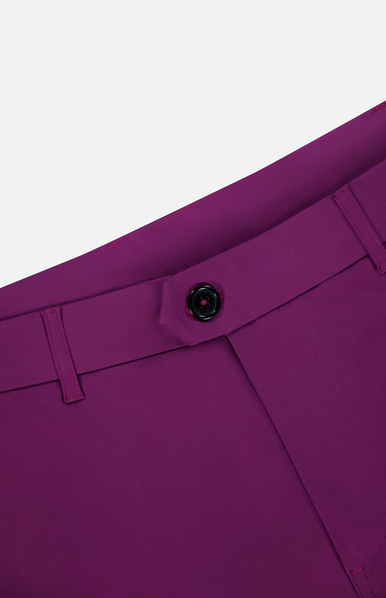 Close-up of the waist area of the GREYSON Montauk 8-Way Stretch Trouser in purple, showcasing its high-waisted fit, black button, and belt loops against a light background.
