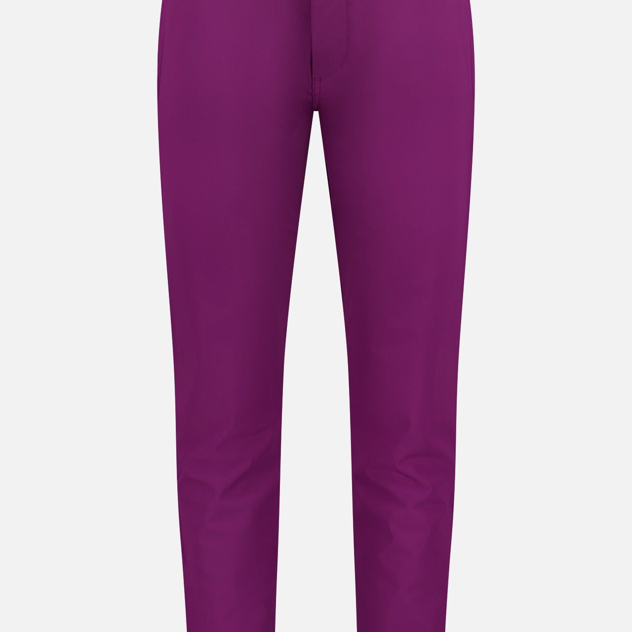 The GREYSON Montauk 8-Way Stretch Trouser features a bright purple color, straight-leg cut, front button and zip closure, belt loops, side pockets, and antimicrobial fabric. Shown on a plain white background.