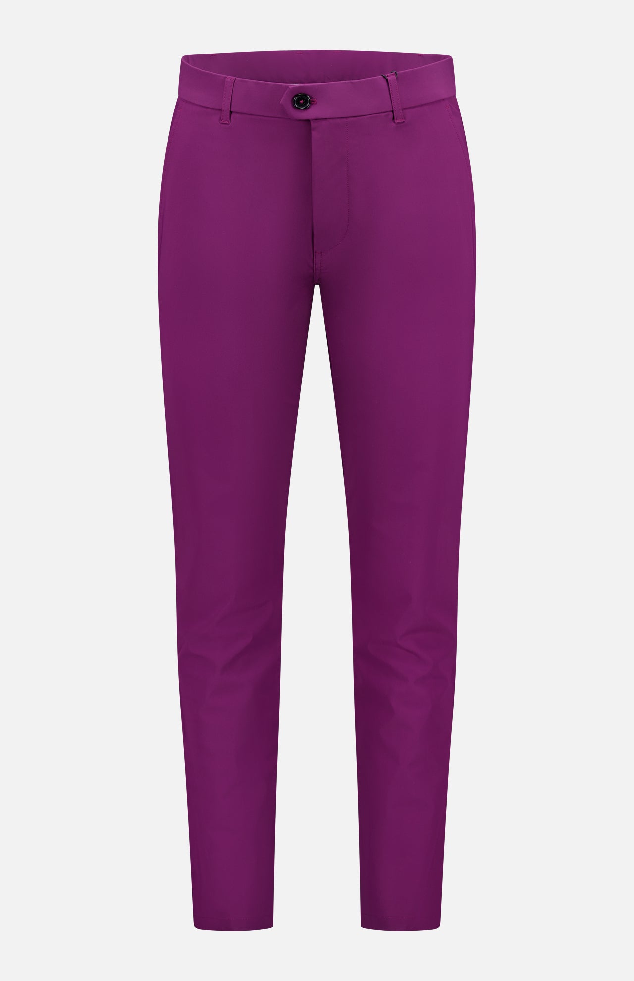 The GREYSON Montauk 8-Way Stretch Trouser features a bright purple color, straight-leg cut, front button and zip closure, belt loops, side pockets, and antimicrobial fabric. Shown on a plain white background.
