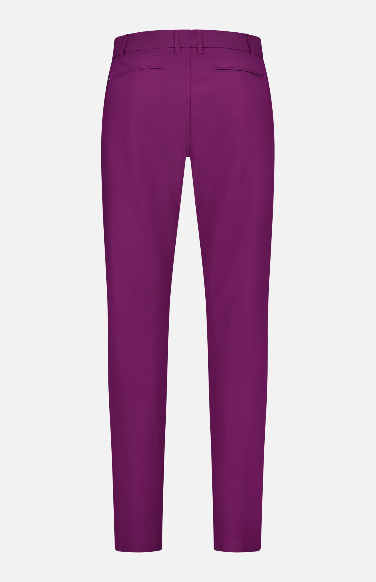 Back view of GREYSON Montauk 8-Way Stretch Trouser in bright purple, featuring belt loops, two back pockets, and a tailored straight-leg fit.