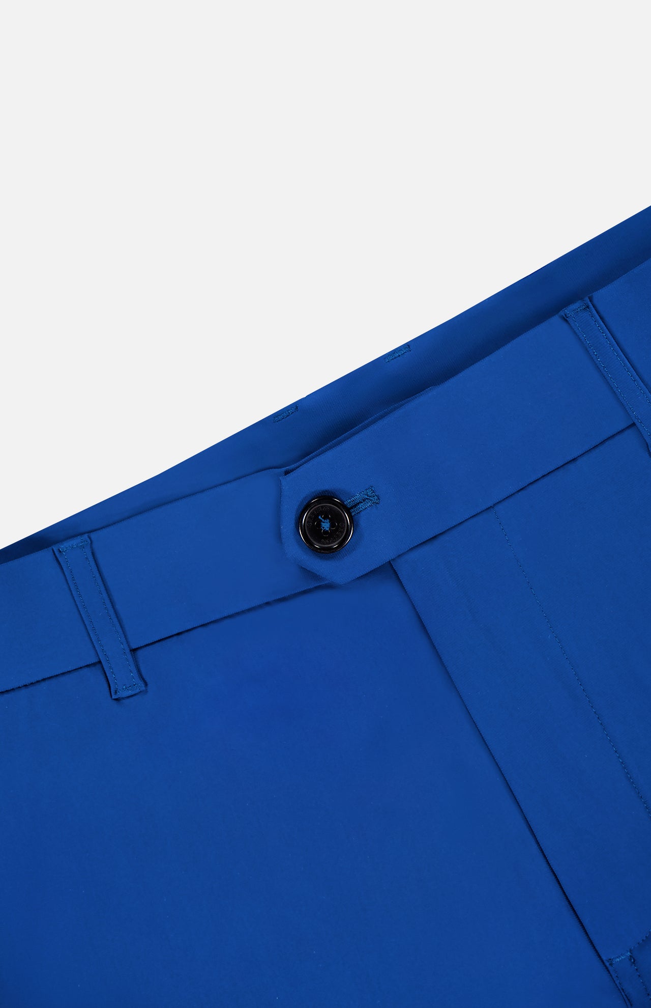 Close-up of the waistband and upper section of GREYSON Montauk 8-Way Stretch Trouser in bright blue, featuring a black button, belt loops, and partial pocket detail, set against a plain light background.