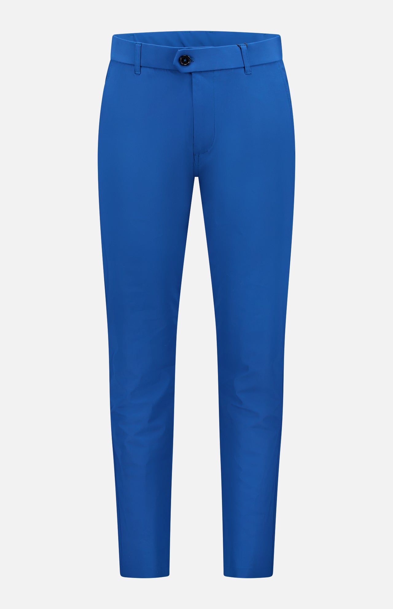 The Montauk 8-Way Stretch Trouser by GREYSON is a bright blue, slim-fit pant made from premium Italian fabric with a single button and zip closure at the waist. Displayed on a plain white background, it features no visible patterns or extra details.