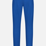 Back view of GREYSON's Montauk 8-Way Stretch Trouser in slim-fit dark blue, featuring belt loops and two zippered back pockets, crafted from premium Italian fabric for style and comfort, shown on a plain white background.