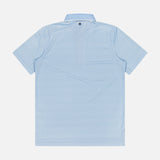 The GREYSON Rogue River Polo Shirt in light blue features short sleeves, a classic collar, a subtle geometric pattern, and moisture-wicking fabric for all-day comfort, shown here from the back.