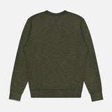 The GREYSON Saratoga Crewneck Long Sleeve Shirt is a men’s casual wool pullover in olive green, shown from the back against a white background. It features ribbed cuffs and a ribbed hem.