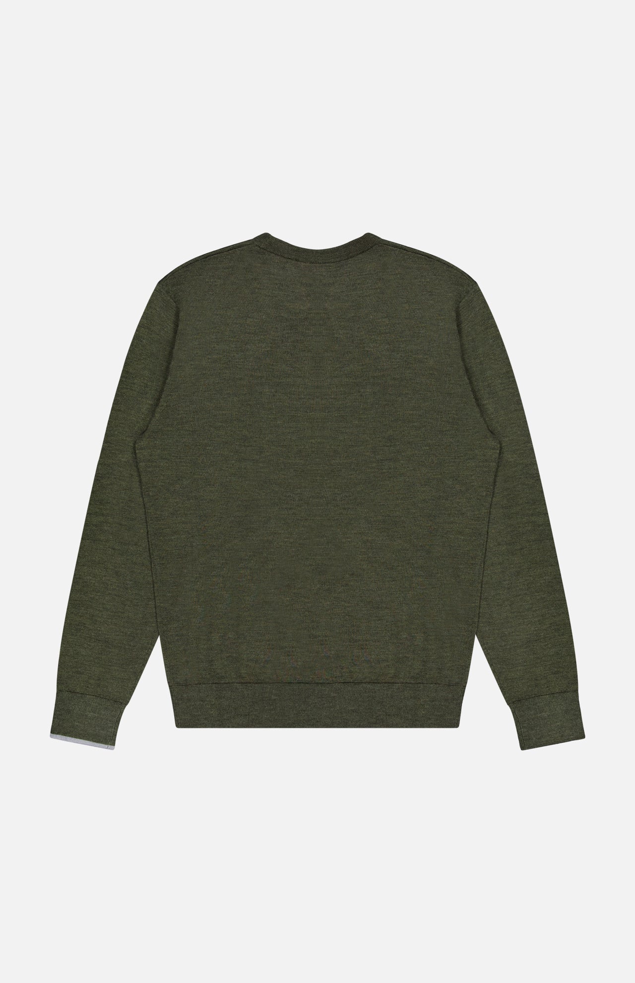 The GREYSON Saratoga Crewneck Long Sleeve Shirt is a men’s casual wool pullover in olive green, shown from the back against a white background. It features ribbed cuffs and a ribbed hem.