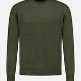 The GREYSON Saratoga Crewneck Long Sleeve Shirt is a men’s casual wool pullover in plain olive green, shown on a white background.