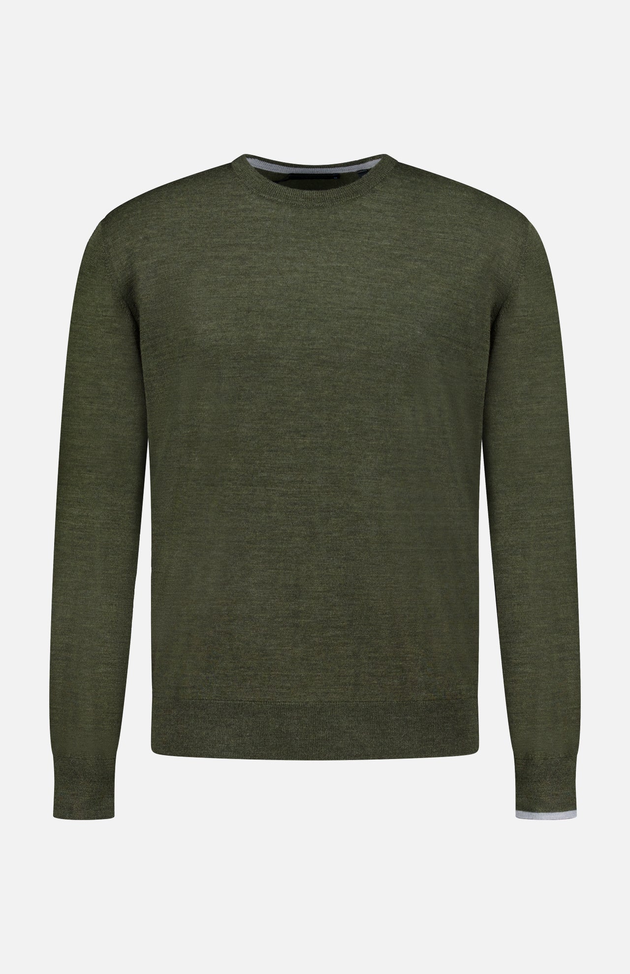 The GREYSON Saratoga Crewneck Long Sleeve Shirt is a men’s casual wool pullover in plain olive green, shown on a white background.