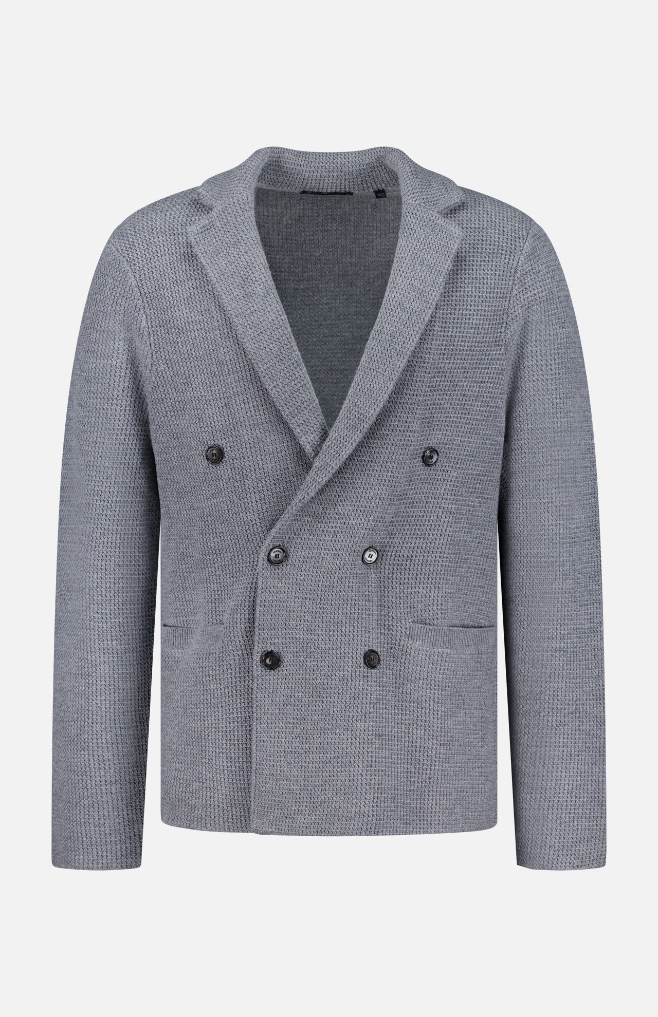 The Saratoga Double Breasted Blazer Cardigan by GREYSON is crafted from soft merino wool in grey. This smart-casual knit blazer features a double-breasted front with black buttons, two front pockets, and a notched lapel, and is displayed against a white background.