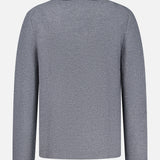 Back view of the GREYSON Saratoga Double Breasted Blazer Cardigan, a smart-casual gray long-sleeve knit sweater crafted from soft merino wool and displayed against a plain white background. The garment showcases a clean, minimalist design with no visible embellishments or fastenings, echoing the refined style of a classic double-breasted blazer.