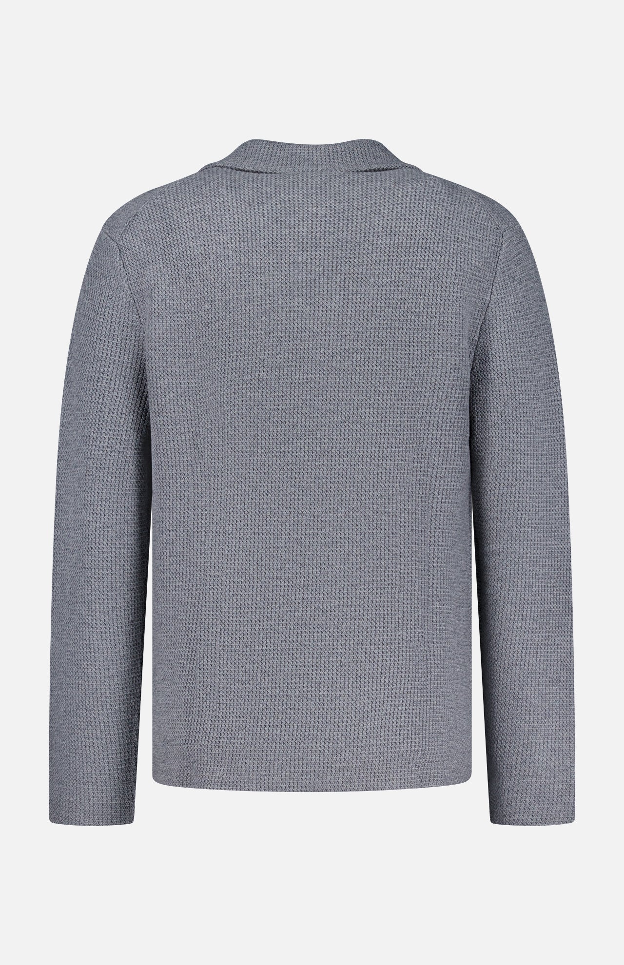Back view of the GREYSON Saratoga Double Breasted Blazer Cardigan, a smart-casual gray long-sleeve knit sweater crafted from soft merino wool and displayed against a plain white background. The garment showcases a clean, minimalist design with no visible embellishments or fastenings, echoing the refined style of a classic double-breasted blazer.