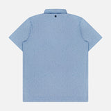 The GREYSON Silent Pact Polo Shirt is displayed from the back in light blue, with a subtle white pattern and a small dark emblem below the collar. Made of moisture-wicking fabric, it’s laid flat on a white background.