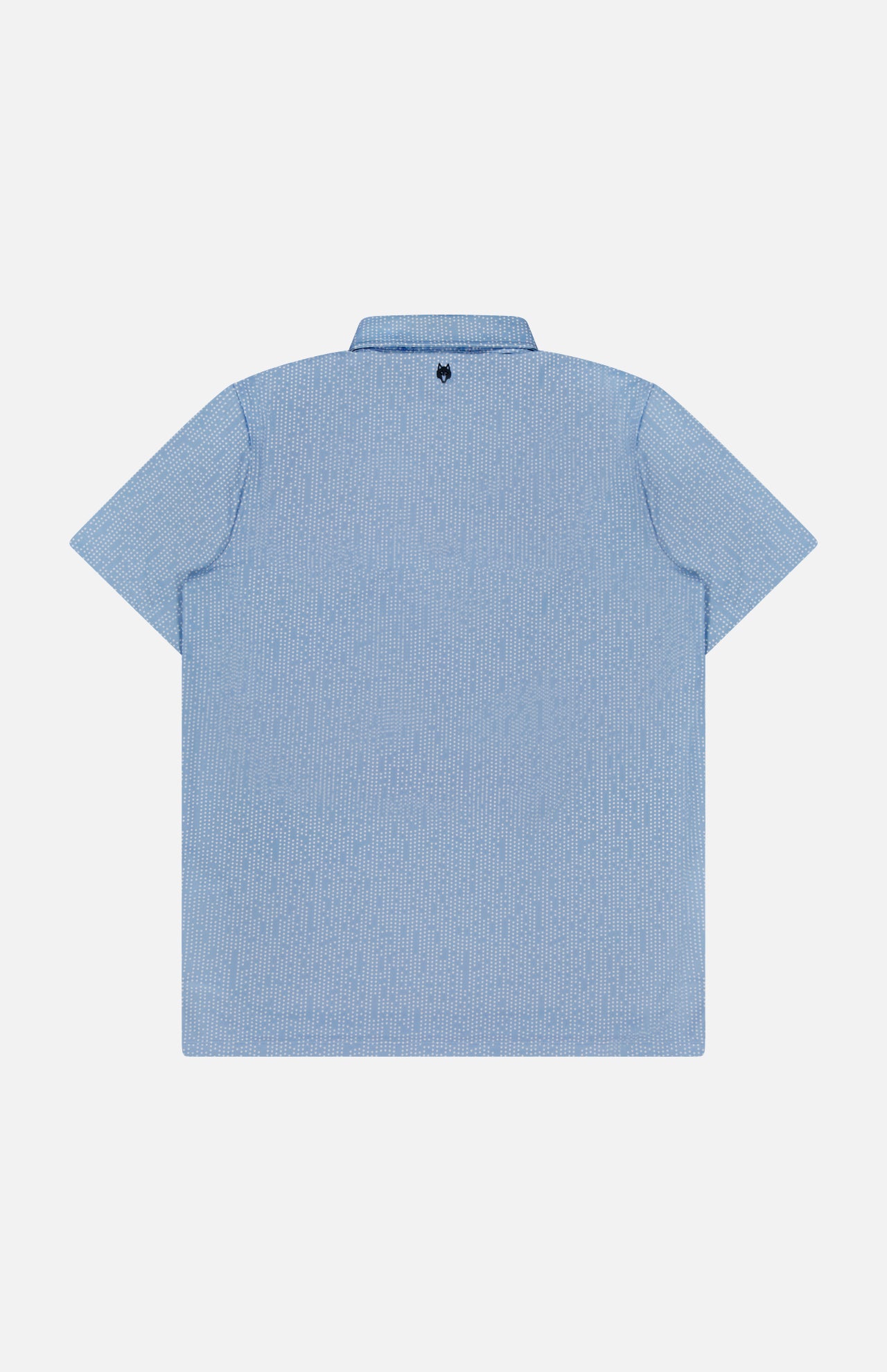 The GREYSON Silent Pact Polo Shirt is displayed from the back in light blue, with a subtle white pattern and a small dark emblem below the collar. Made of moisture-wicking fabric, it’s laid flat on a white background.