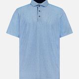 The GREYSON Silent Pact Polo Shirt is a light blue short-sleeve polo with a subtle geometric pattern, three dark buttons, UV protection, and a classic collar, shown against a plain white background.