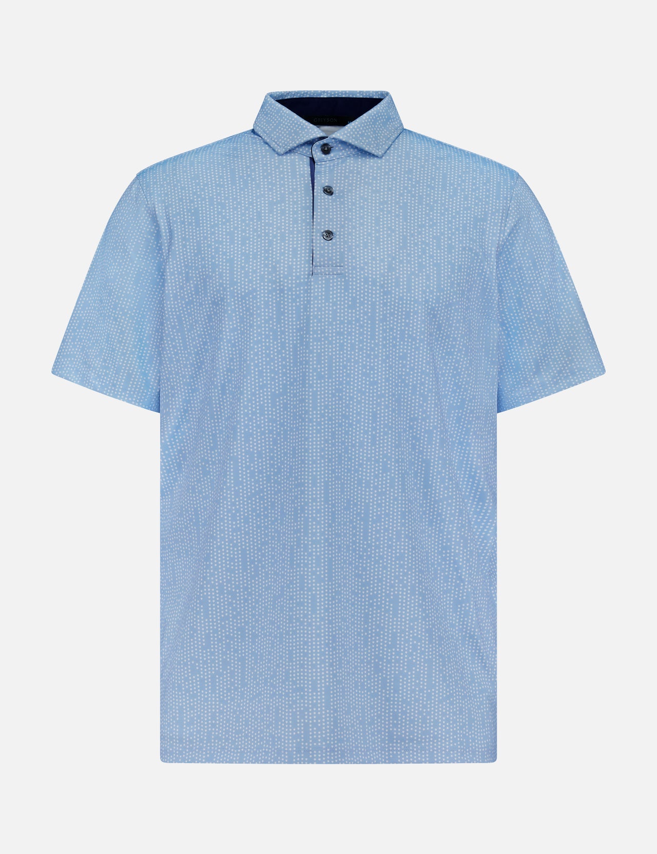 The GREYSON Silent Pact Polo Shirt is a light blue short-sleeve polo with a subtle geometric pattern, three dark buttons, UV protection, and a classic collar, shown against a plain white background.
