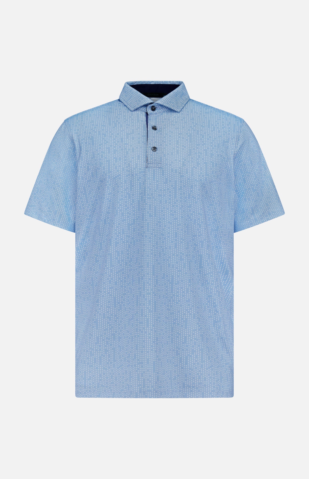 The GREYSON Silent Pact Polo Shirt is a light blue short-sleeve polo with a subtle geometric pattern, three dark buttons, UV protection, and a classic collar, shown against a plain white background.