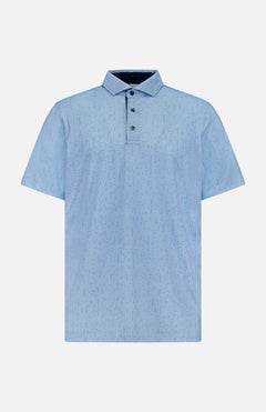 The GREYSON Silent Pact Polo Shirt is a light blue short-sleeve polo with a subtle geometric pattern, three dark buttons, UV protection, and a classic collar, shown against a plain white background.