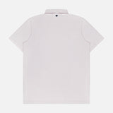 Back view of the GREYSON Silent Pact Polo Shirt in light pink, short-sleeve with a collar and a dark button below it. Displayed on a plain white background, this shirt offers moisture-wicking for all-day comfort.