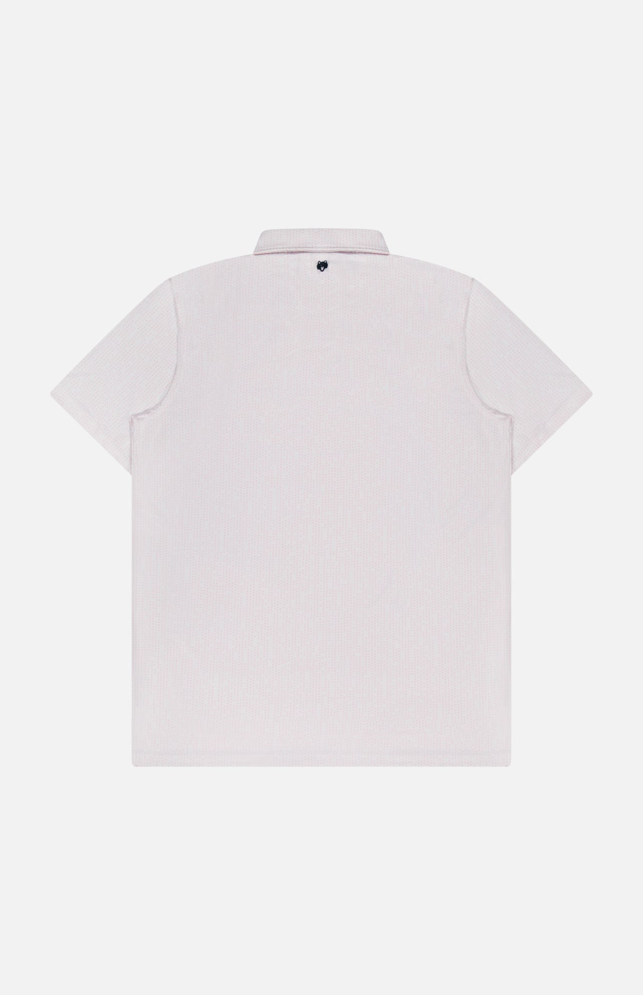 Back view of the GREYSON Silent Pact Polo Shirt in light pink, short-sleeve with a collar and a dark button below it. Displayed on a plain white background, this shirt offers moisture-wicking for all-day comfort.