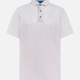 The GREYSON Silent Pact Polo Shirt is a light pink, short-sleeve performance polo featuring moisture-wicking fabric, a subtle pattern, three dark buttons, and a contrasting light blue inner collar, shown on a white background.
