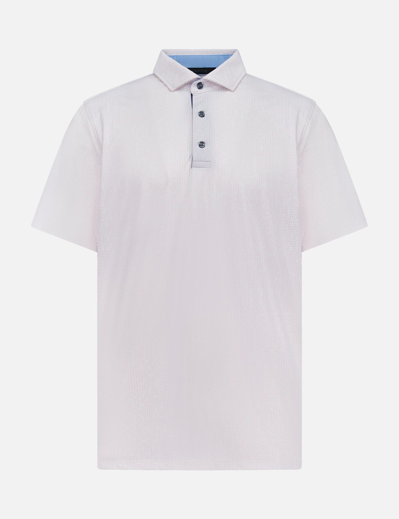 The GREYSON Silent Pact Polo Shirt is a light pink, short-sleeve performance polo featuring moisture-wicking fabric, a subtle pattern, three dark buttons, and a contrasting light blue inner collar, shown on a white background.