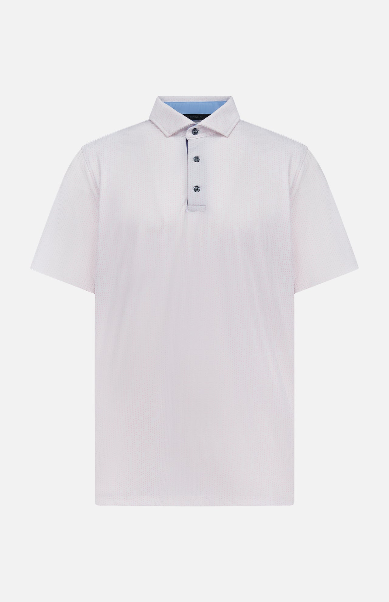 The GREYSON Silent Pact Polo Shirt is a light pink, short-sleeve performance polo featuring moisture-wicking fabric, a subtle pattern, three dark buttons, and a contrasting light blue inner collar, shown on a white background.