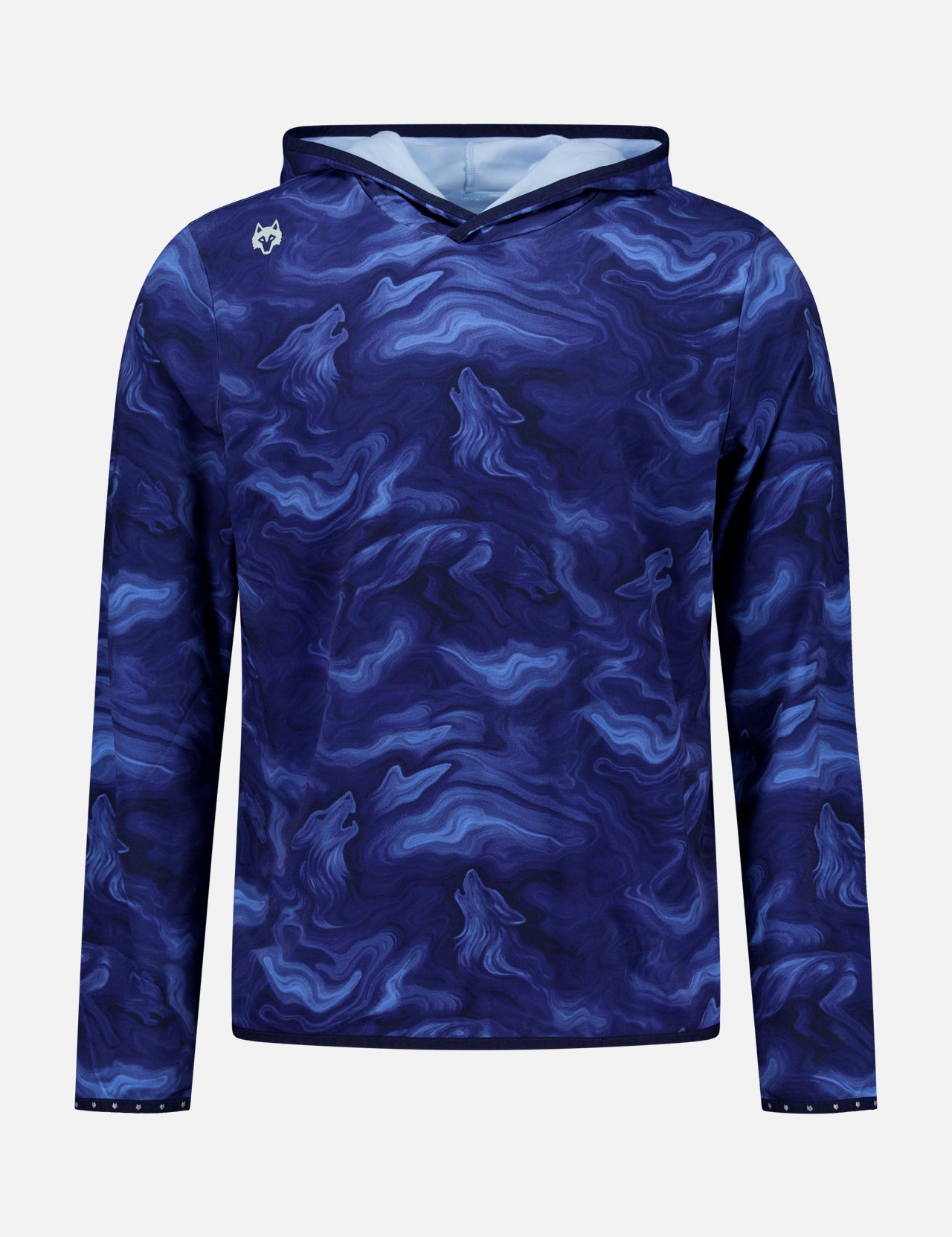 The GREYSON Smoke In The Den Colorado Hoodie is a long-sleeve hoodie with a blue and black swirling, wave-like pattern, featuring a small white wolf logo on the left shoulder, displayed on a plain white background.