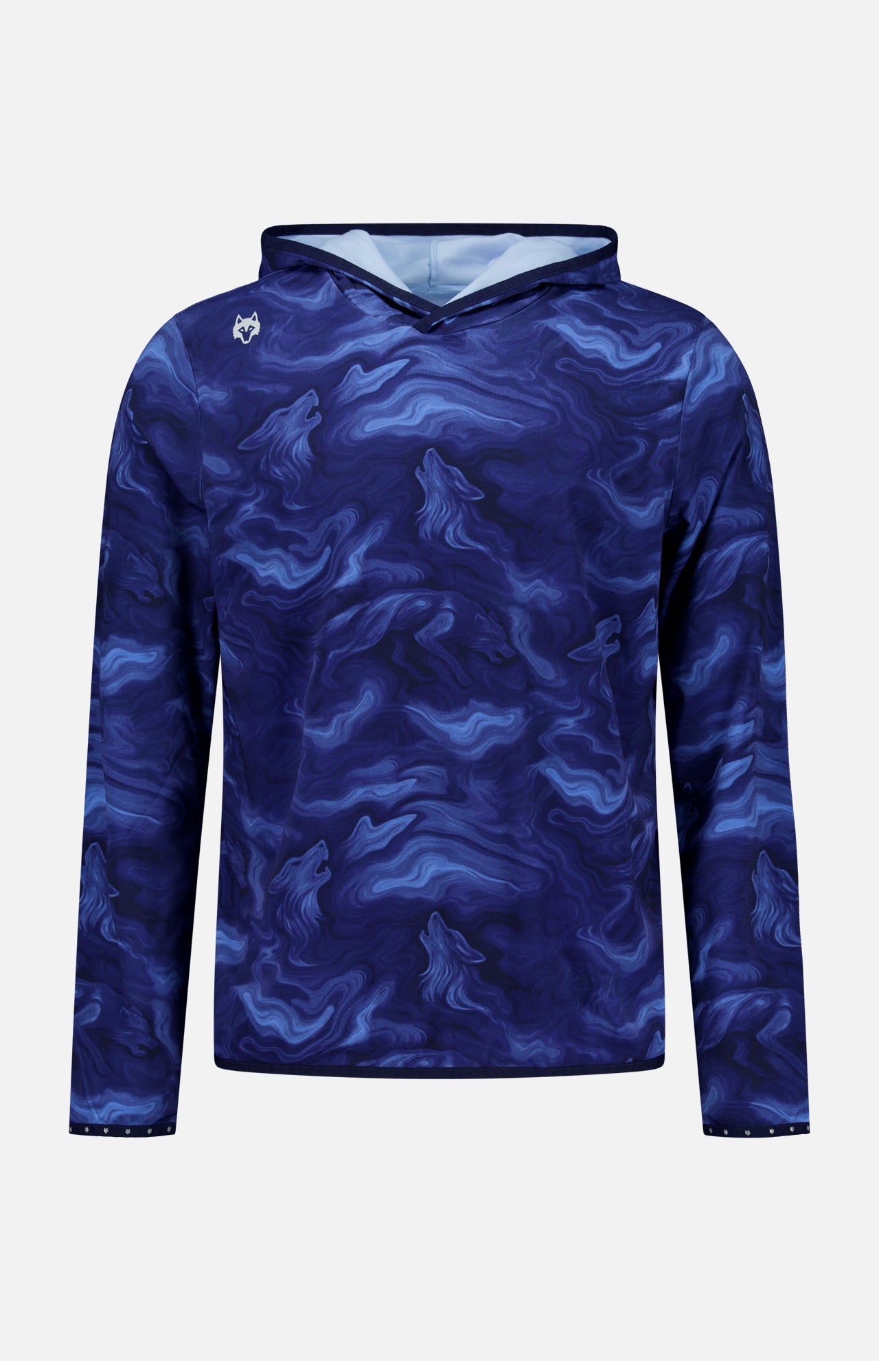 The GREYSON Smoke In The Den Colorado Hoodie is a long-sleeve hoodie with a blue and black swirling, wave-like pattern, featuring a small white wolf logo on the left shoulder, displayed on a plain white background.