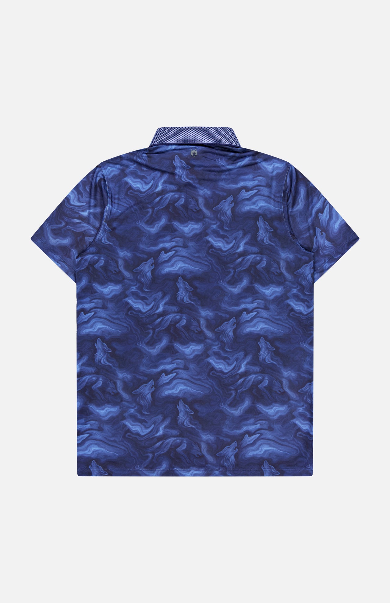 GREYSON Smoke In The Den Polo Shirt—a short-sleeve performance polo with a dark blue and light blue swirling abstract pattern, displayed flat from the back on a plain white background. Made with moisture-wicking fabric for all-day comfort.