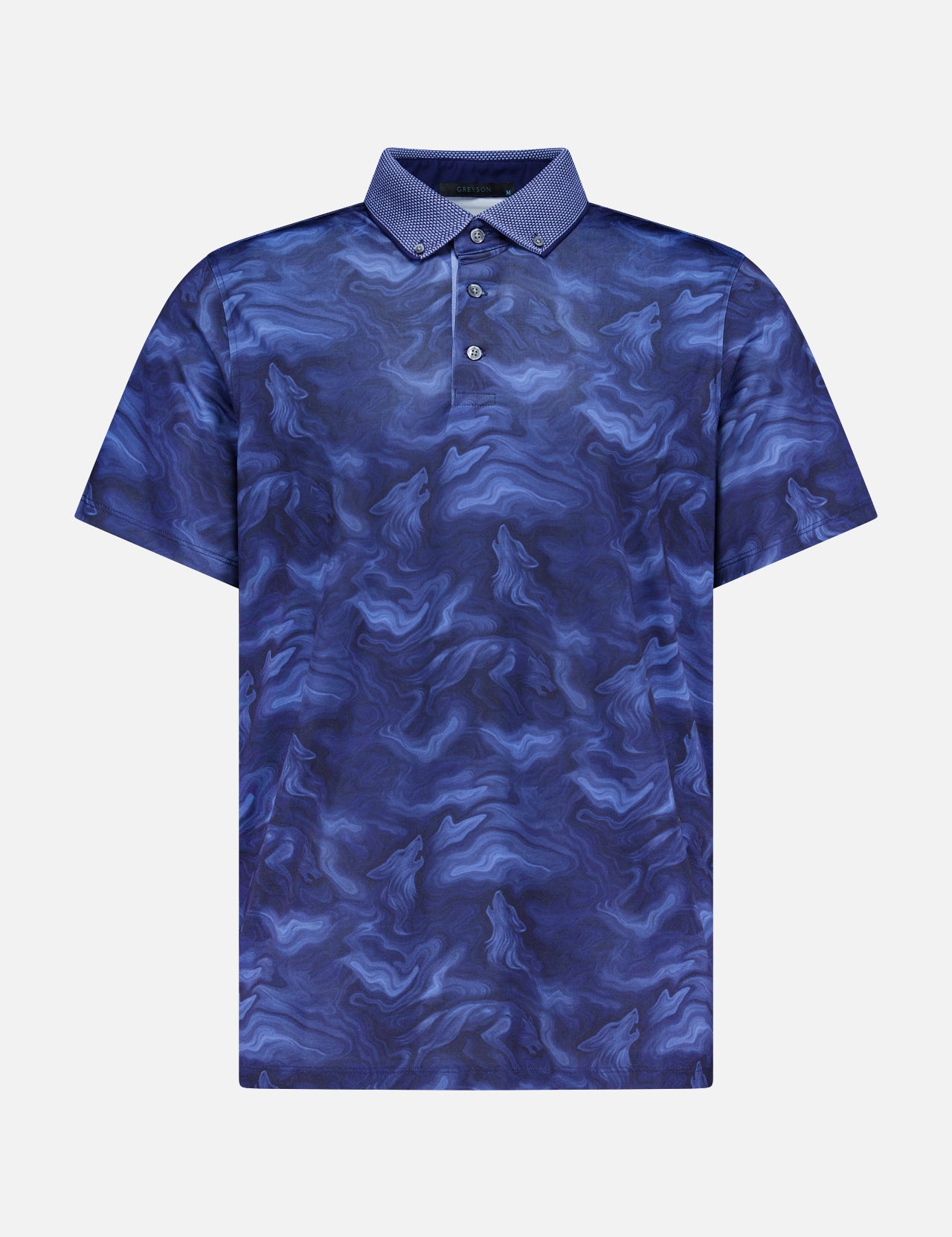 The GREYSON Smoke In The Den Colorado Polo Shirt features short sleeves, a blue and purple swirl pattern, a buttoned collar, and moisture-wicking fabric for all-day comfort. Perfect for versatile style on a plain white background.