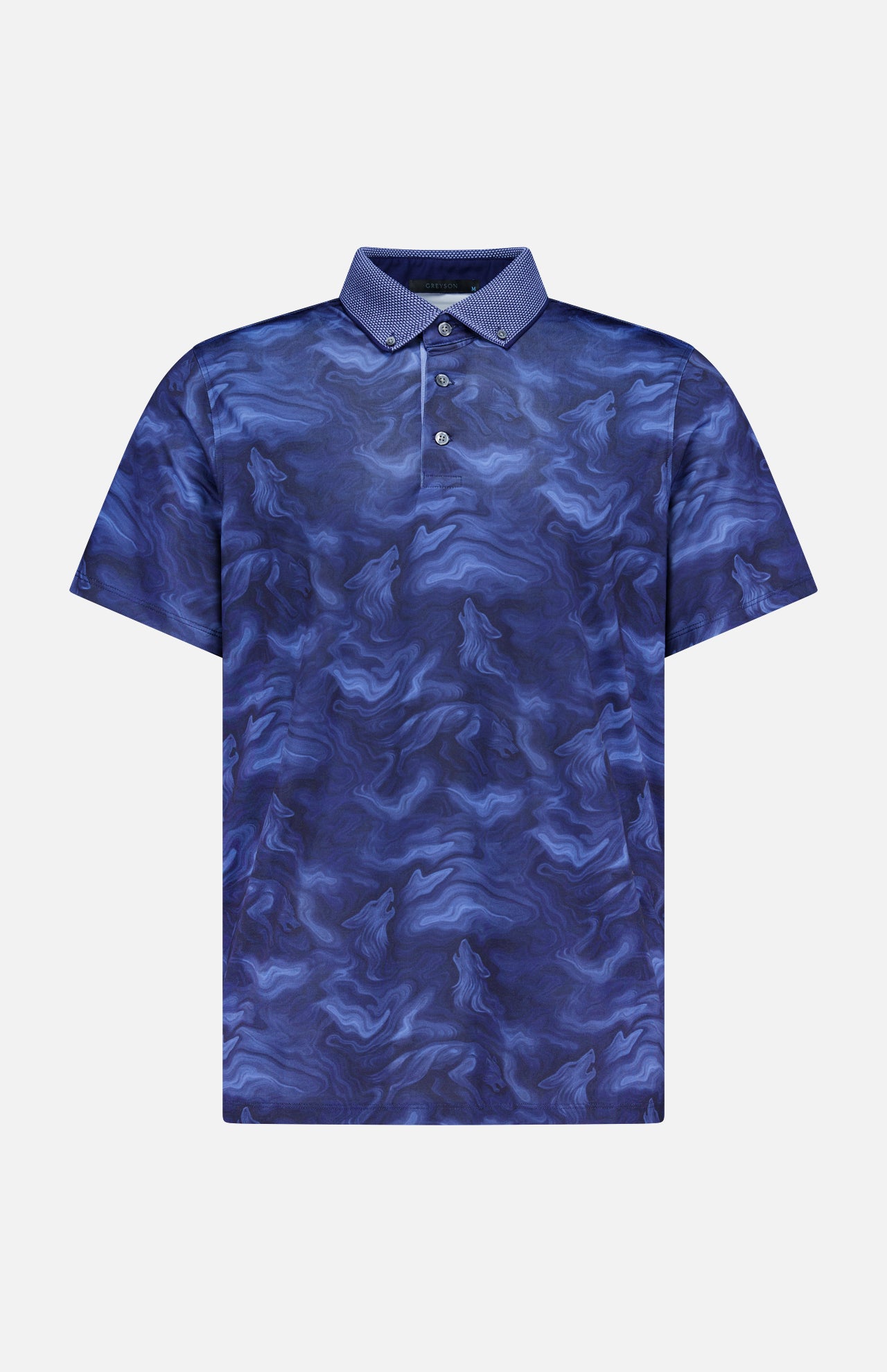 GREYSON’s Smoke In The Den Polo Shirt is a short-sleeve performance polo featuring a blue and purple marble-like swirl pattern and a buttoned collar. Crafted from moisture-wicking fabric for enhanced comfort, the shirt is presented against a plain, light gray background.