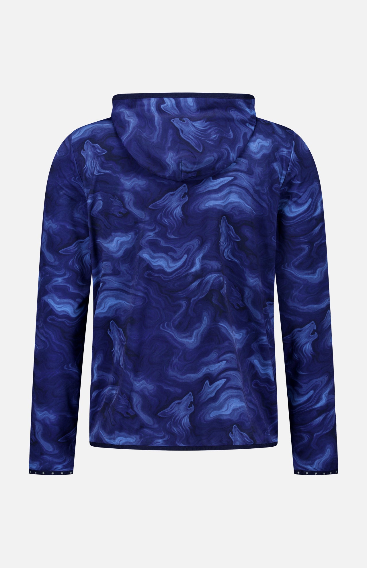 No keywords were provided for blending, so here is your original description, slightly polished for clarity and flow: The Smoke In The Den Colorado Hoodie by GREYSON is a blue hooded sweatshirt with long sleeves, featuring a swirling abstract pattern and subtle wolf head designs throughout. The hoodie is displayed from the back.