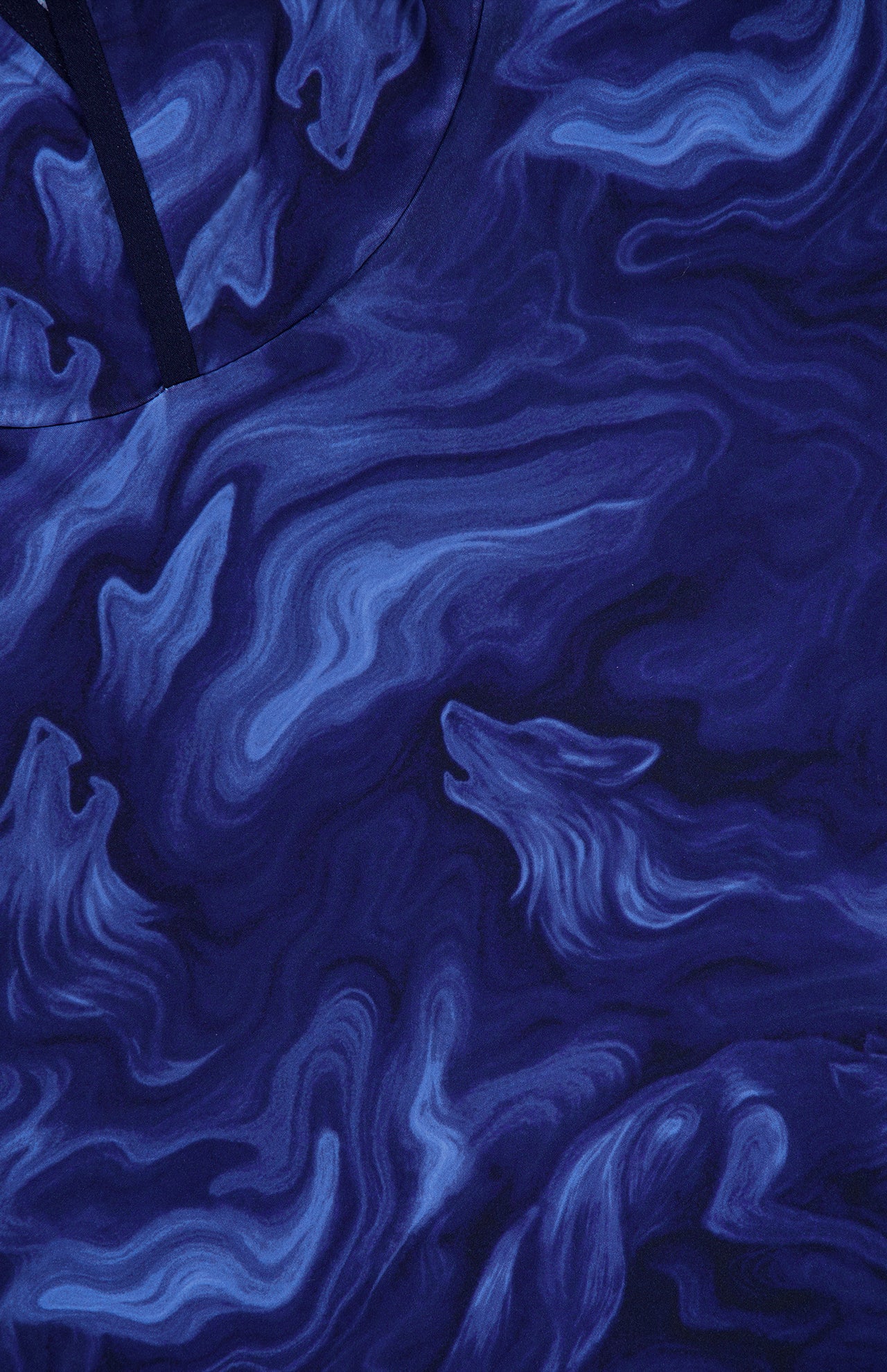 Close-up of the GREYSON Smoke In The Den Colorado Hoodie fabric, featuring a swirling, marble-like pattern in various shades of blue and purple that evokes an abstract and fluid watercolor design.