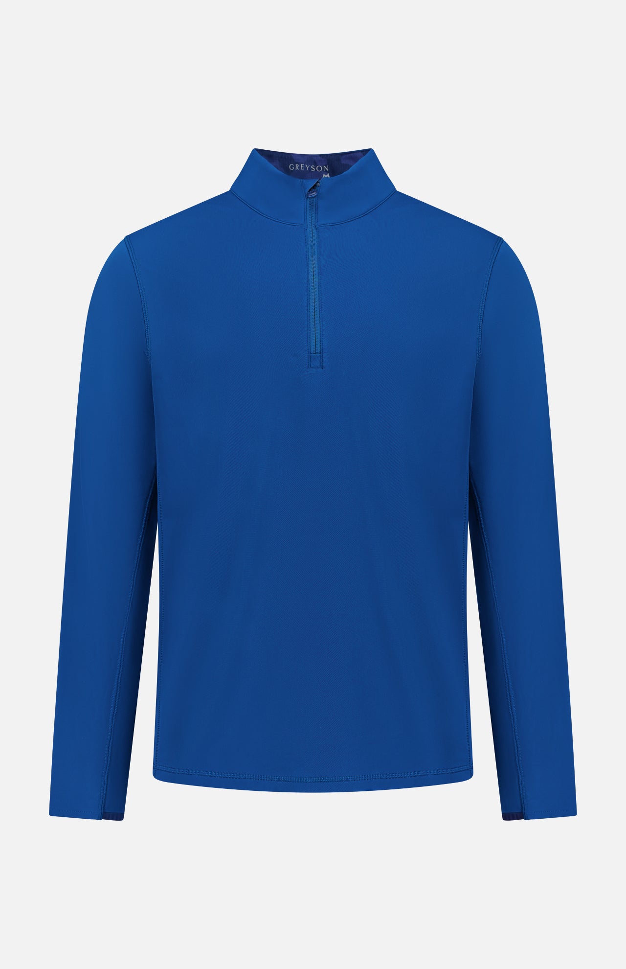 The GREYSON Tate Quarter Zip is a royal blue, long-sleeve pullover with a quarter-zip front and mock neck, made from Italian technical fabric for UV protection, shown on a white background.