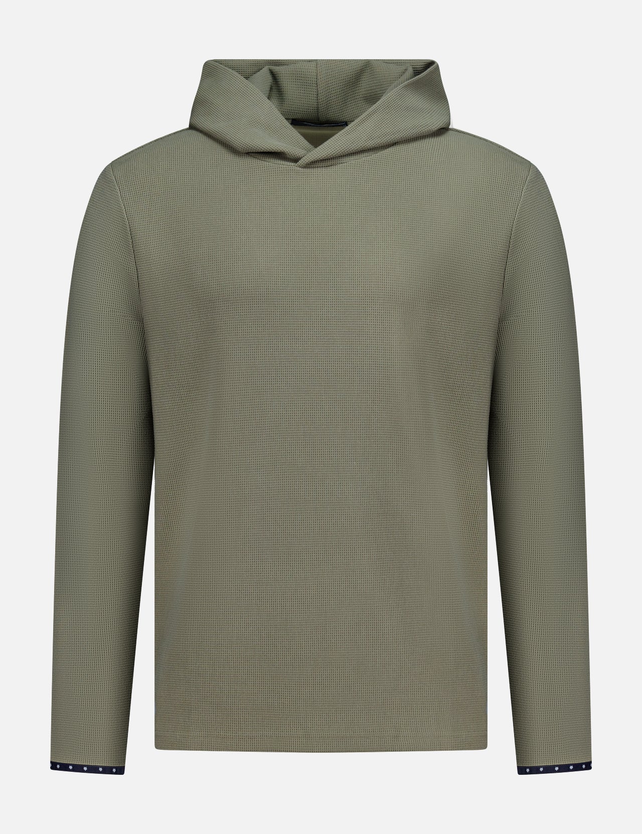 The GREYSON Traverse Waffle Hoodie Sweatshirt is an olive green polyester-blend with a minimalist ribbed texture, v-shaped neckline, and dark accent cuffs featuring tiny white dots.