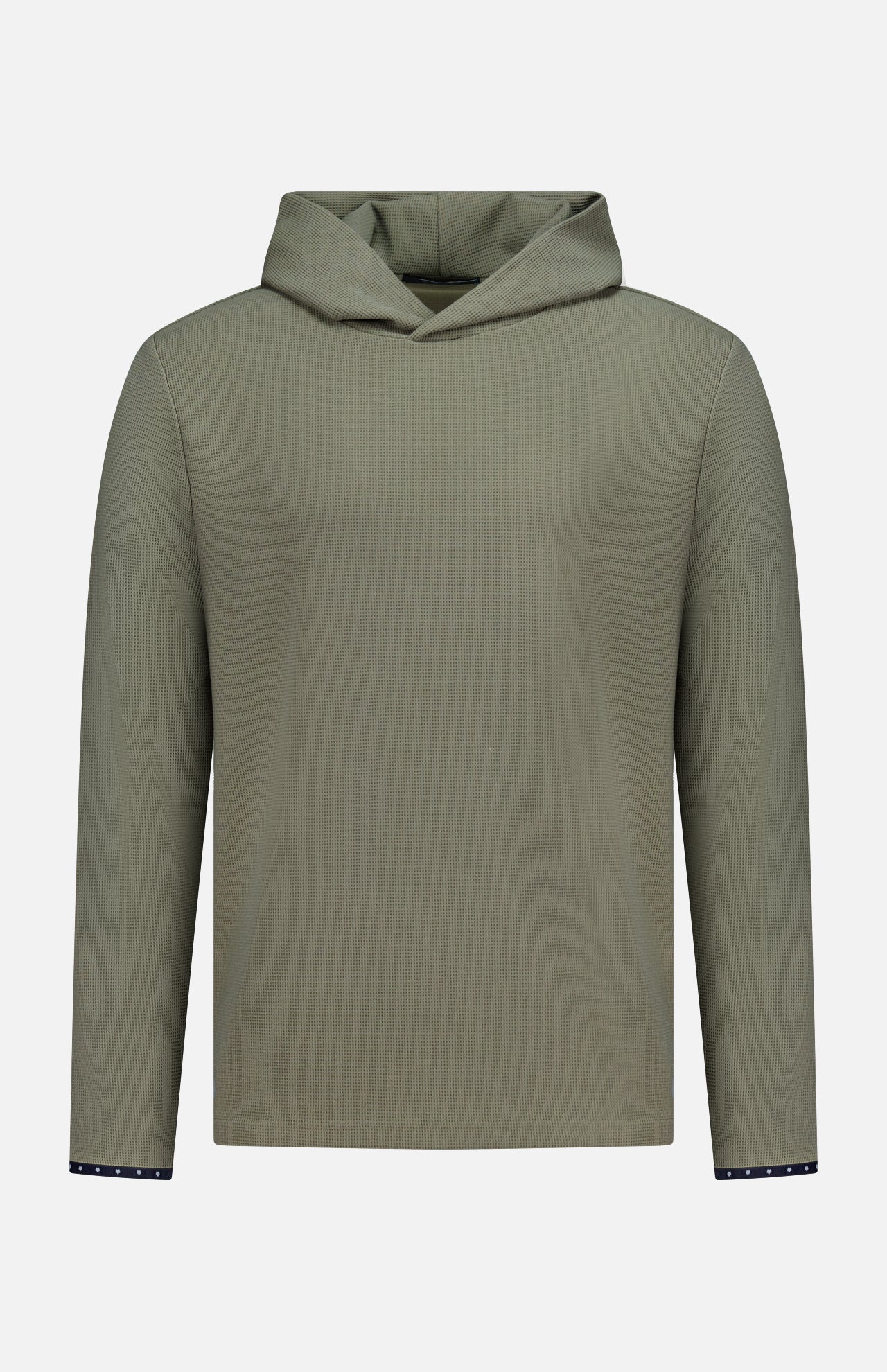The GREYSON Traverse Waffle Hoodie Sweatshirt is an olive green polyester-blend with a minimalist ribbed texture, v-shaped neckline, and dark accent cuffs featuring tiny white dots.