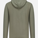Back view of the GREYSON Traverse Waffle Hoodie Sweatshirt in dark green; features long sleeves, a subtle ribbed texture, and cuffs showing a peek of dark inner lining with a white dot pattern.