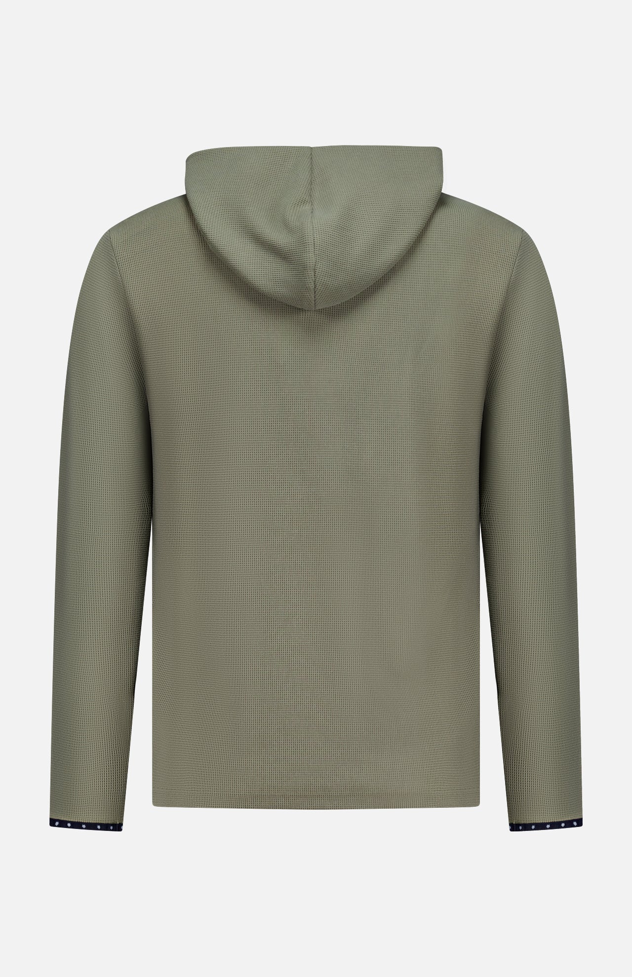 Back view of the GREYSON Traverse Waffle Hoodie Sweatshirt in dark green; features long sleeves, a subtle ribbed texture, and cuffs showing a peek of dark inner lining with a white dot pattern.