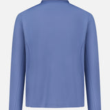Back view of the GREYSON Yukon Hybrid Jacket: a lightweight technical piece with long sleeves, light blue fabric, dark collar trim, 4-way stretch for comfort, and a small wolf logo centered at the top of the collar.