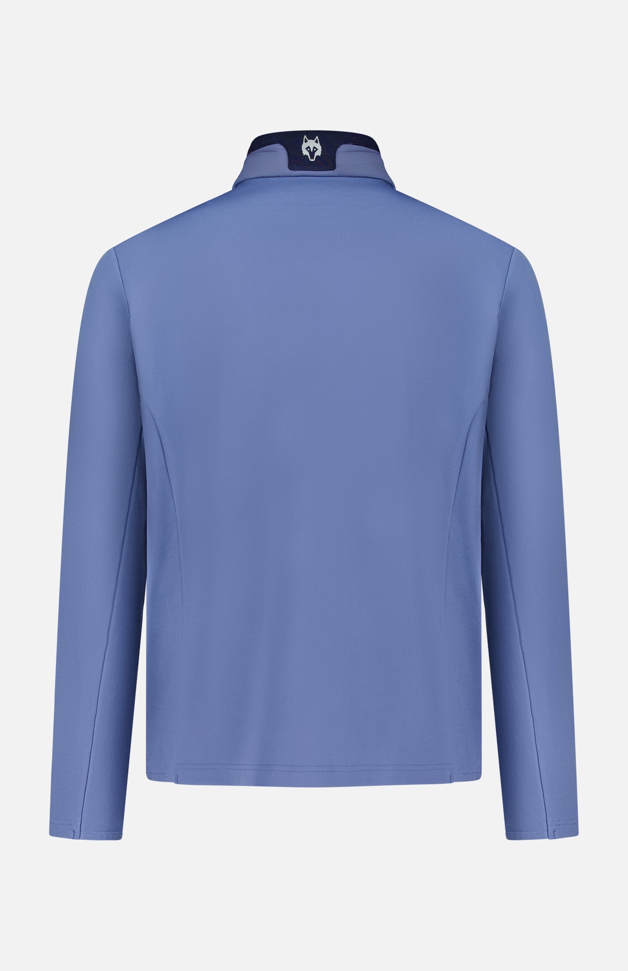 Back view of the GREYSON Yukon Hybrid Jacket: a lightweight technical piece with long sleeves, light blue fabric, dark collar trim, 4-way stretch for comfort, and a small wolf logo centered at the top of the collar.
