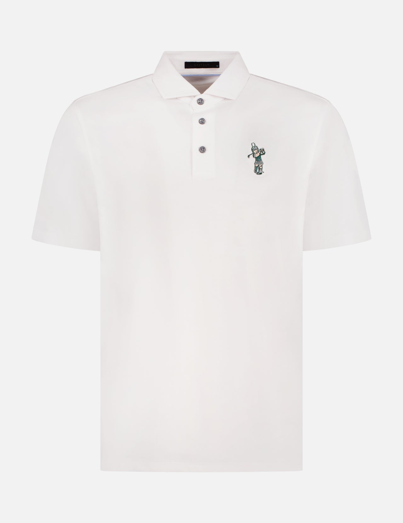The GREYSON MSU Omaha Polo Shirt is a white collared shirt with three buttons and a small green embroidered graphic on the left chest, made from cooling fabric for comfort all day.