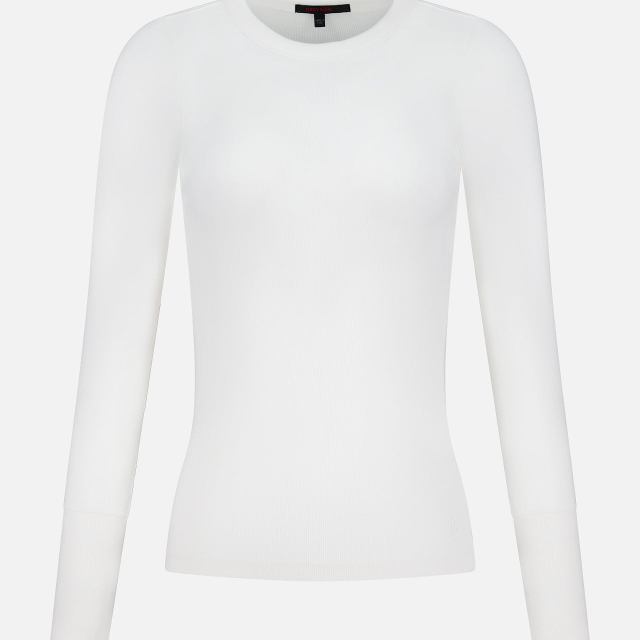 The GREYSON Orion Long Sleeve is a slim fit, plain white top with a crew neck, designed for comfort and sleek style, shown on a white background.
