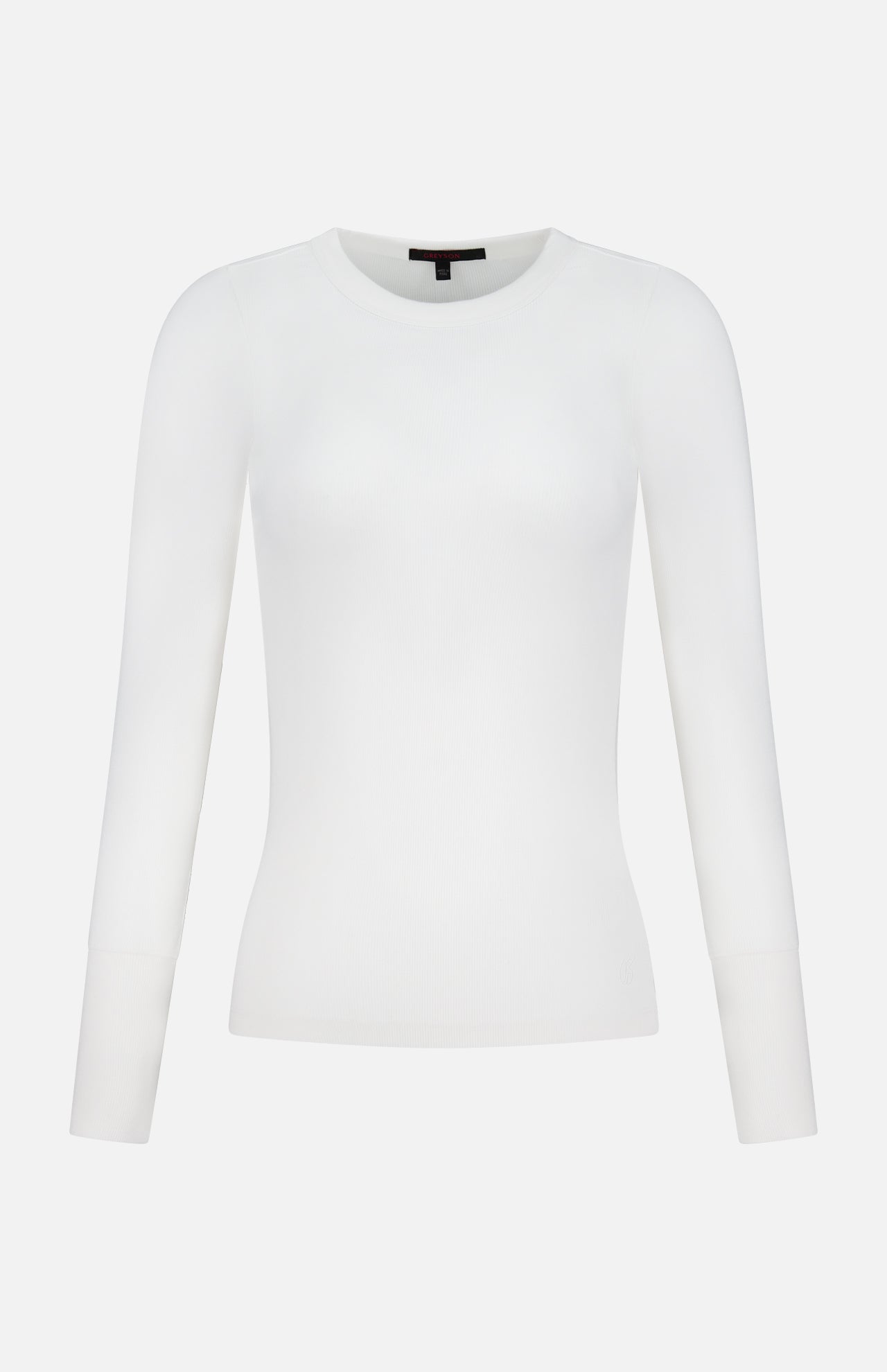 The GREYSON Orion Long Sleeve is a slim fit, plain white top with a crew neck, designed for comfort and sleek style, shown on a white background.