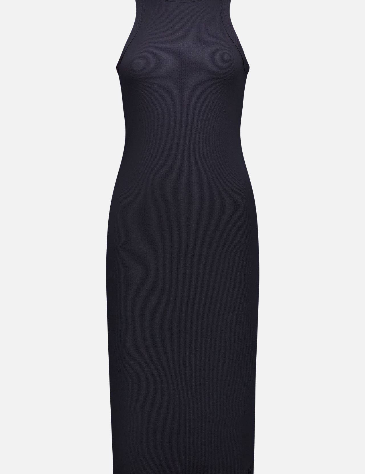 The GREYSON Orion Tank Dress is a sleeveless, fitted black dress with a high neckline and minimalist design, made from ribbed fabric for textured style.